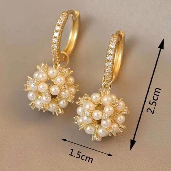 NEW! Faux Pearl Drop Ball Earrings Décor Gold Ball Rhinestones Classy Chic Retro - Picture 4 of 5